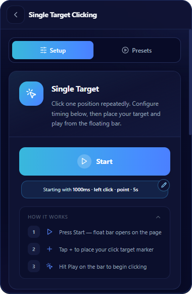 Single Target Clicking Setup screen